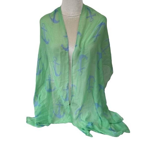 Bright Green Blue Anchors Lightweight Summer Boating Scarf - Picture 1 of 8